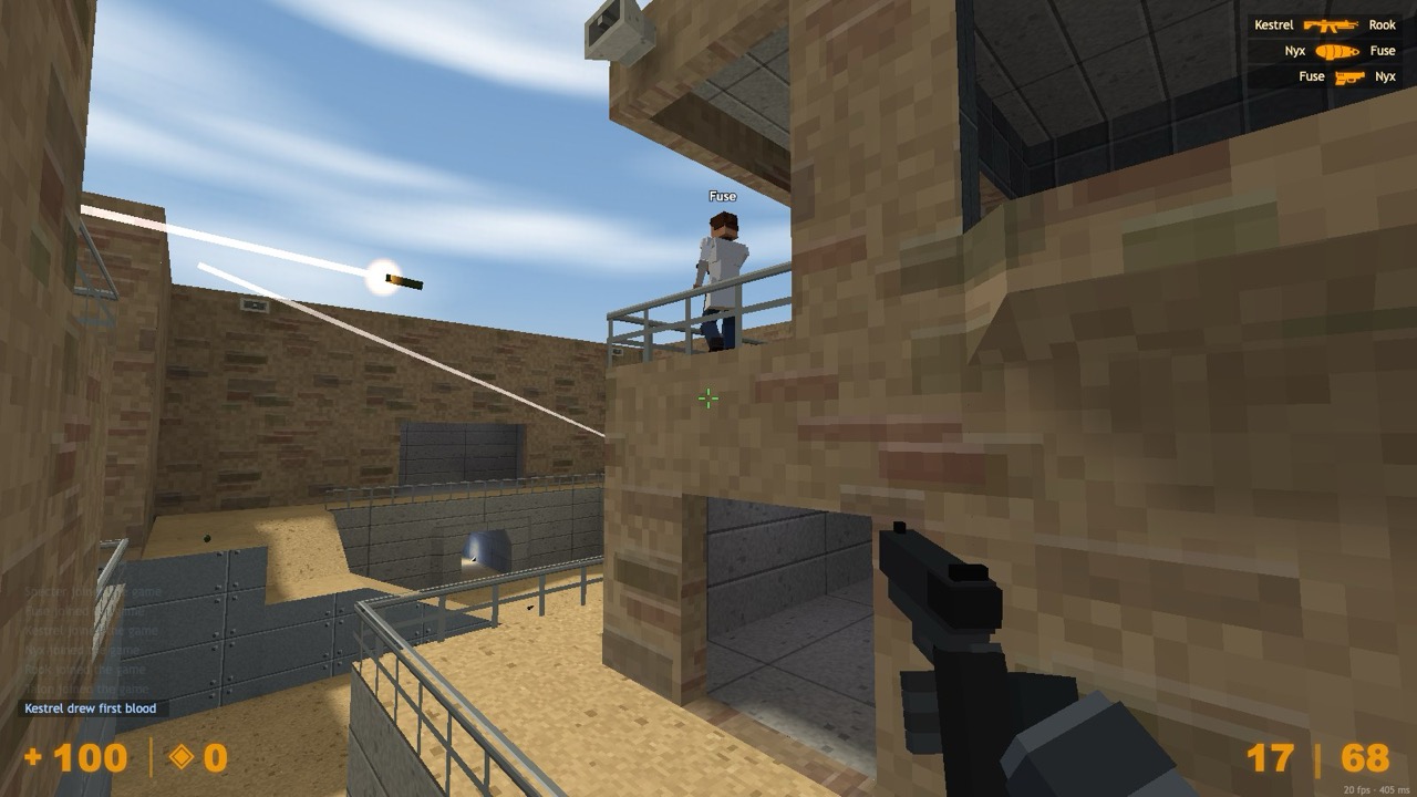 A match in progress: a sunny courtyard, a player on a balcony, health and ammo counters
