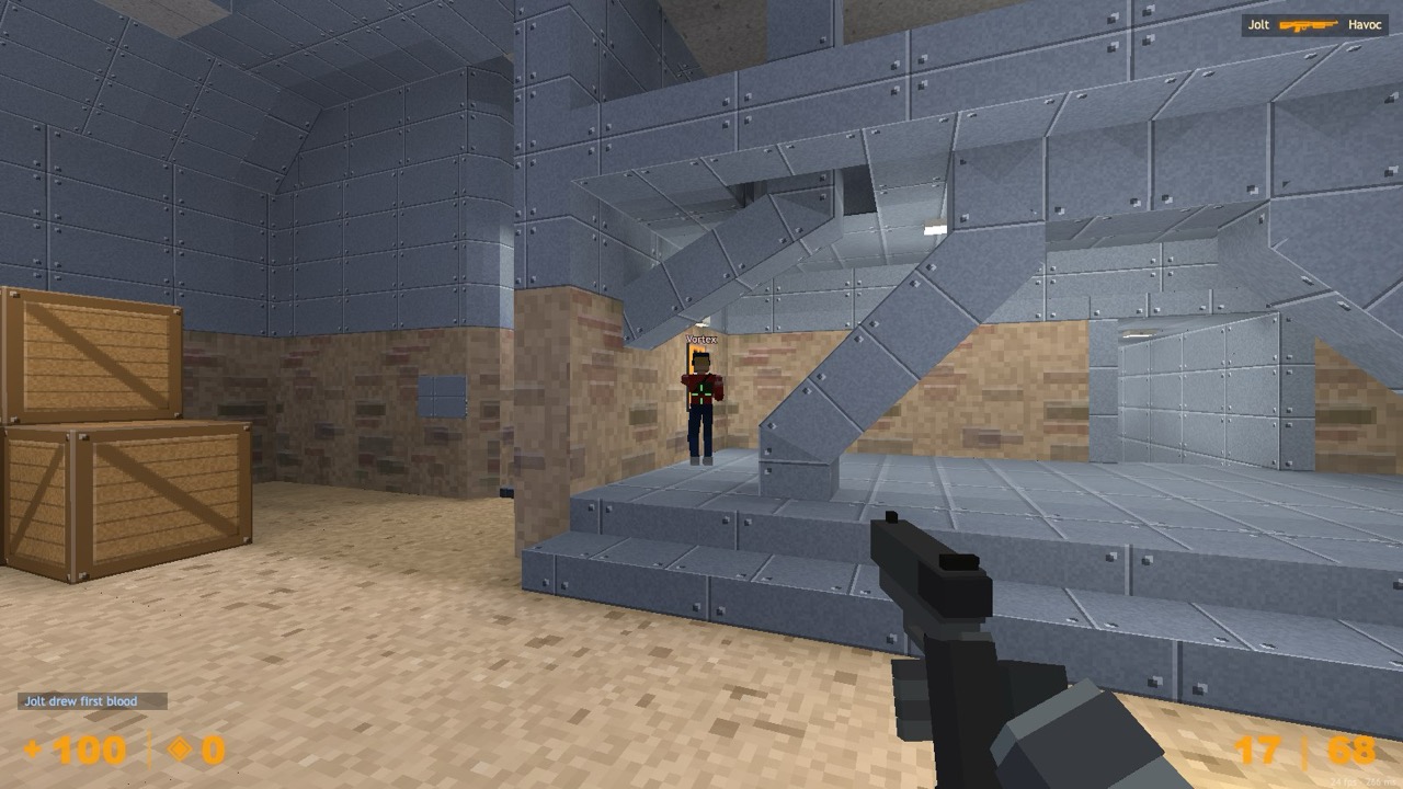A player on the stairs of a warehouse full of wooden crates